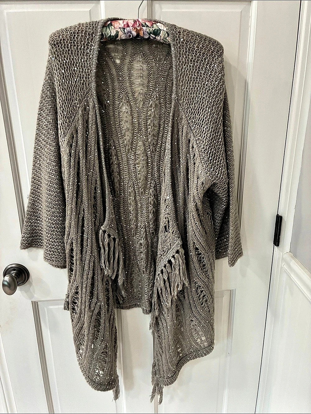 Chico’s Sequin Knit Fringe Cardigan Gray Size 3